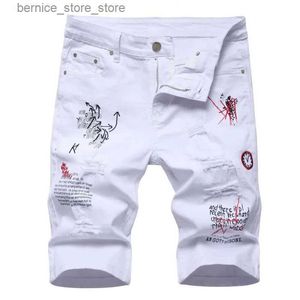 Męskie szorty mężczyźni Summer White Ripped Denim Shorts Męskie dziury Krótkie dżinsy Nowe mody streetwear stretch dżinsy spodnie srtaight fit dżinsy Q240529