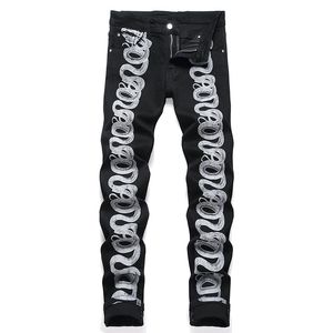 Black Printing and Dyeing Men's Jeans, Fashion Stretch High Street Trendy Pants, Small Straight Mid Waist Jeans