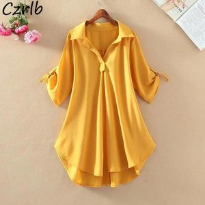 Women's Blouses Solid Blouse Women Summer L-4XL Turn Down Collar Short Sleeve Chiffon Thin Loose Slim Folds Design Curved Hem Fashion