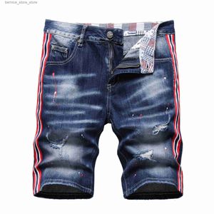 Męskie szorty mężczyźni Summe Rubed Denim Shorts Męskie niebieskie dziury Krótkie dżinsy Nowe mody streetwear stretch dżinsy spodnie srtaight fit dżinsy Q240529