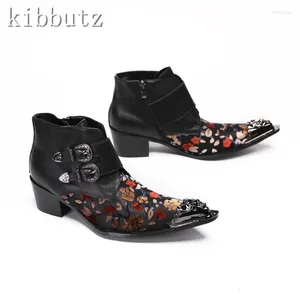 Boots Black Patchwork Printing Men High Heels Genuine Leather Metal Pointed Toe Ankle British Style Dress Shoe