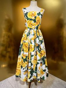 Elbiseler% 100 pamuklu elbise sarı gül çiçek baskısı yaz kadın plaj tatil vestidos spagetti kayış zarif bayan genişleme