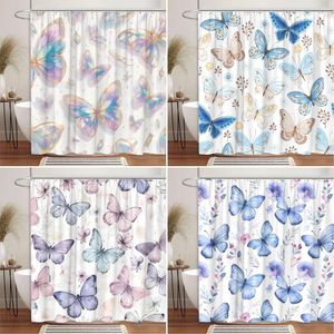 Shower Curtains Butterfly Curtain Watercolor Flower Farm Botanical Modern Elegant Fashion Home Polyester Fabric Bathroom Decor