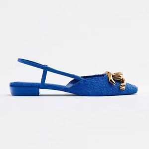 EST Summer Women Flats Metal Chain Platform Sandaler Stripper Low Heels Blue Luxury Designer Mules Sandles Replica Shoes 240509