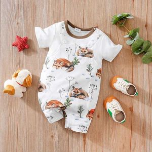 Rompers Newborn Baby Clothes girl Boy Snow fox print Jumpsuit Summer Short Sleeve Romper 0-18M Infant Toddler Pajamas One Piece Outfit Y240530ZXEJ