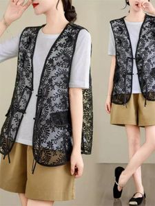 Kamizelki damskie chiński styl High-end wydrążony haft koronkowy Jacquard Vest Kurtka Summer V-deterk Button Top Tlee Bez rękawów K1144