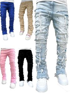 Jeans staplade fit patch regelbundna mens oroliga förstörde rak denim byxor streetwear kläder casual jean