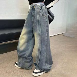 10代の女の子のファッションスプレッチデザインフロアジーンズのズボンキッズワイドレッグデニムパンツ