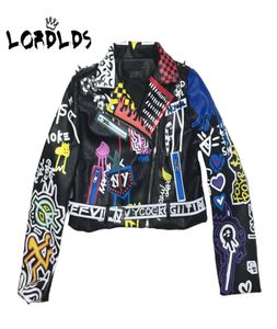 Lordlds 2019 läderjacka kvinnor graffiti färgglada tryckt cyklare jackor och rockar punk streetwear damkläder4354753