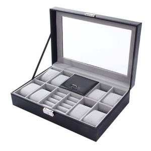 Titta på lådor Mixed Grids Wacth Box Leather Case Storage Organizer Luxury Jewelry Ring Display Black Quality 2 In 1 242J