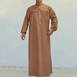 Ubranie etniczne muzułmańscy mężczyźni jubba thobe długie rękaw kieszonkowy kolor stały kolor oddychający szaty stać kołnierz islamski arabski kaftan moda islam szata