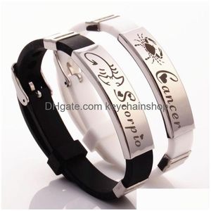 Charm Bracelets Stainless Steel Rubber Men Bracelet 12 Constellations White Black Sile Wristband Bangles Zodiac Sign Cuff Jewelry For Dhalb