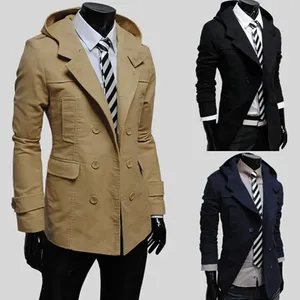 Men's Trench Coats 2024 Windbreaker Fashion Slim Fit Hooded Simple Solid Coat