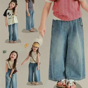 Flickor Lossa Multi-Pocket Elastic midja Jeans Wide Ben Pants 2023 Summer New Children's Clothing L2405
