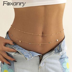 Foxanry 1 Pcs Simple Geometric Pendant Double-layered Belly Waist Chain For Women Vintage Natural Stone Body Jewelry Gifts