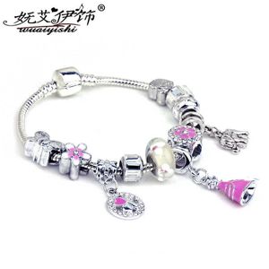 Charm Bracelets New Panjia Bracelet Glass Bead Diy Pink Flower Butterfly Love Two-color