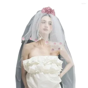 Bridal Véils elegante noiva pura pura capa de rosto Tulles Bachelorettes Party Wedding com flor realista para tomar PO