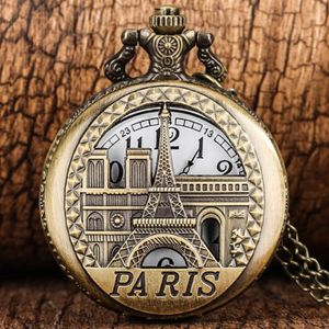 Relógios de bolso Relógios vintage Bronze Building Hollow Paris Eiffel Tower Display Quartz Relógio Pingente de pingente de pingente FOB ChainPocket 2465