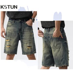 Jeans curtos de verão shorts jeans de jeans largo perna largo hip hop angustiado Hollo