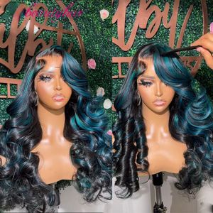 Peruvian Hair Highlight Black with Blue Lace Front Wig Body Wave Hd Transparent Lace Frontal Wigs Synthetic for Women Dnjpo