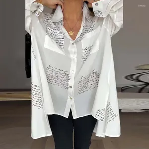 Women's Blouses Women Fashion Long Sleeve Button Shirt Turn Down Collar Letter Print Shirts For Casual Loose Office