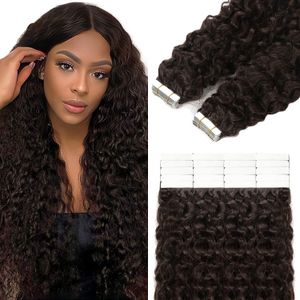 深い巻き毛のテープ人間の髪の拡張ブラジルの髪の接着剤エクステンションスキンウェフト黒茶色の女性のための100％本物の人間の髪20pcs/lot