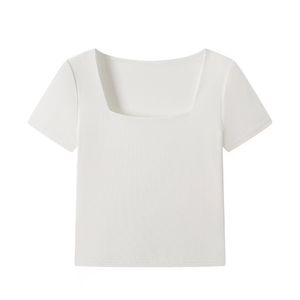 Fyrkantig hals axel längd kortärmad t-shirt för kvinnor på våren och sommaren ny ren lust kryddig tjej smal fit vit foder axel längd
