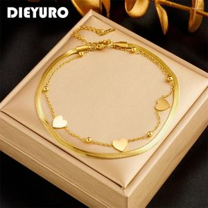 Anklets Dieyuro 316L rostfritt stål dubbelskikt hjärtben för kvinnor mode platt orm kedja smycken gåva parti bijoux