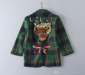 2018 Green Plaid Short Women039s Coats Back Letter Sequins Tiger Embroidery Coats Women 987909265900