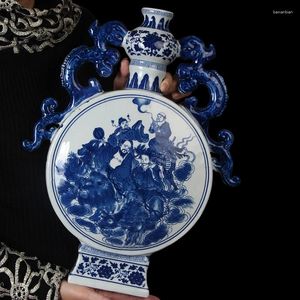 Wazony ceramiczna binauralna płaska butelka antyczna niebieska i biała porcelanowa wazon chiński nowoczesny dom dekoracji salonu