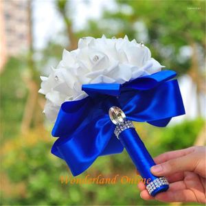 Decorative Flowers Bride Bouquet Wedding Elegant Rose Artificial Bridal Crystal Royal Blue Silk Ribbon Buque De Noiva YYW09
