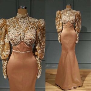 Brązowe satynowe sukienki na bal maturkę koronkową koraliki wysoka szyja długie rękawy wieczorne suknie Saudyjskie Arabia szatę desoree vestidos 0530