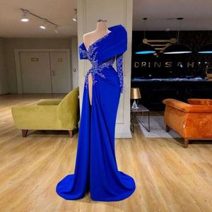 Elegant Royal Blue Evening Gowns Sexy High Slit Off The Shoulder Prom Dresses Appliques Beads Long Sleeve Mermaid Robe De Soiree 0530