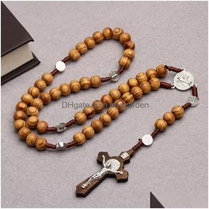 Beaded Necklaces 10Mm Wood Beads Rosary For Women Men Sier Christian Virgin Mary Crucifix Cross Jesus Pendant Handmade Woven Chain Cat Dhtgh