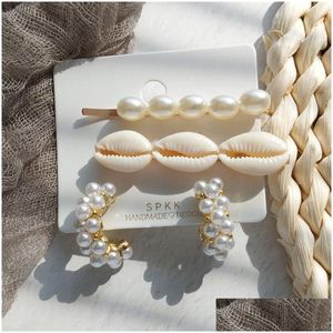 Hair Pins Pearl Shell Hairpin Suit Word Clip Marine Series Beach Wind Diamond Clips With Earing Set Ship 50 Drop Delivery Products Acc Dhrrw