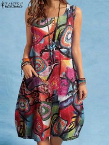 基本的なカジュアルドレスザンゼアの女性ドレス2023サマービンテージフローラルプリントビーチkn-length sundress bohemian slvelessホリデーバギーベスティドスy240504