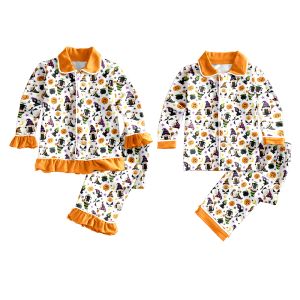 Set di pigiama di Halloween ragazzi ragazze in seta in seta zucca gialla + pantaloni maniche a maniche lunghe 2 set di pigiami di fratellastri