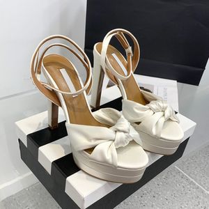 Satin knutna uppgifter Platform Sandaler Crystal Ball Ankle Strap Block High Heels Women's Designer Pumpar Evening Party White Wedding Shoes Storlek 34-42 med låda