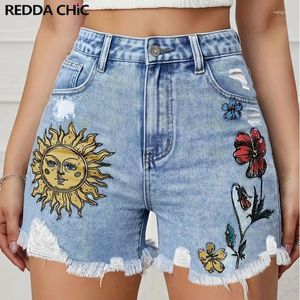 Dżinsy damskie Reddachic Fun Sun Sun Floral Print Dżinsowe spodnie dla kobiet Vintage Y2K Blue Cropped Tarkowane małe spodni uliczny