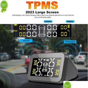 Other Auto Parts New Intelligent Tpms Vehicle Tire Pressure Alarm Monitor System 4 External Sensors Display Solar Temperature Drop Del Otdy9
