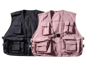 Hip Hop Loose Vest Sportswear Mens Pink Cargo Waistcoat with Pockets Jacket Coat Streetwear Tactical Vests Sweatshirts8131049