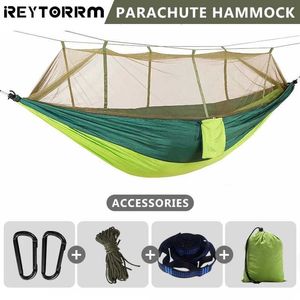 Hammocks Reytorrm Camping Hammock with Net NettingシングルダブルツリーLightweightNylonポータブルH240530