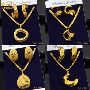 Zestaw biżuterii afrykańskiej: złoty metal Dubai Big Exburgated Hoop kolczyki Naszyjnik dla kobiet