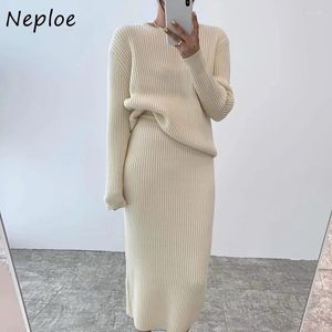 Work Dresses Neploe Korean Simple O-neck Long Sleeve Knitted Pullover 2024 Autumn High Waist Bodyconskirts Y2k E-Girl Two Piece Sets