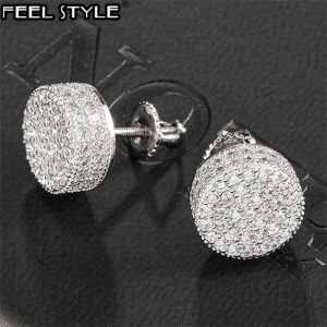 Urok Hip Hop 1Pair Micro pełny utwardzony okrągły cyrkon CZ Stone Bling Out Out Cope Copper Coldings for Men Jewelry 220125