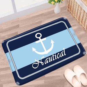 Bath Mats Mediterranean Style Doormat Anchor Bathroom Mat Blue Vintage Wood Plank Pattern Non-slip Rugs Kitchen Doorway Aisle Carpets