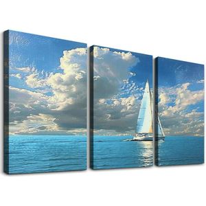 Beautiful Seascape White Sail Boat on The Blue Calm Sea | Modern Wall Decor/Home Decoration Stretched Gallery Canvas Wrap Giclee Print & Ready to Hang 12''x16''X3 Panels