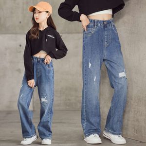 2024 vår sommar jeans tonårsmode breda ben baby flickor casual stil byxor barn förlorar bekväma blå byxor l2405