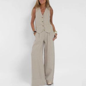 Blazers Kadın Takımları Bahar Saf Kadınlar Beefe Set Pamuk Keten V Boyun Düğmesi Üstler Vestlong Pantolon Kolsuz 2 PCS Takım Kıyafetleri Özet