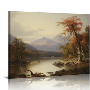 Vintage Autumn Landscape Wall Art - Silent Lake Poster, Retro European Oil Målningskonst, sista minuten dekor